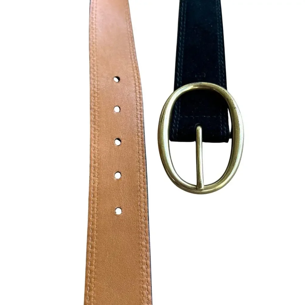 Lauren Ralph Lauren Black Suede Leather Belt Solid Brass Oval Buckle Size Medium